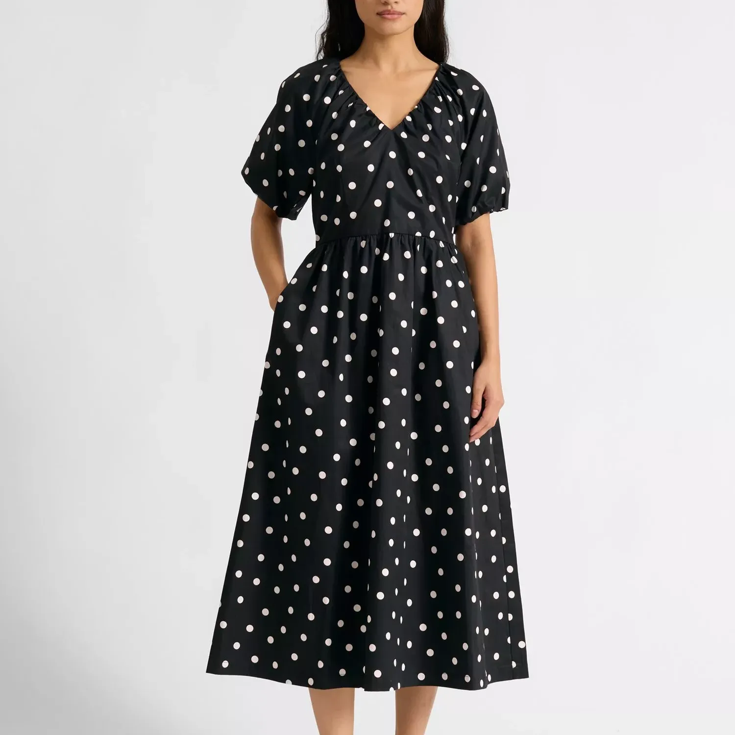 Albaray Spot Print Puff Sleeve Midi Dress, Black