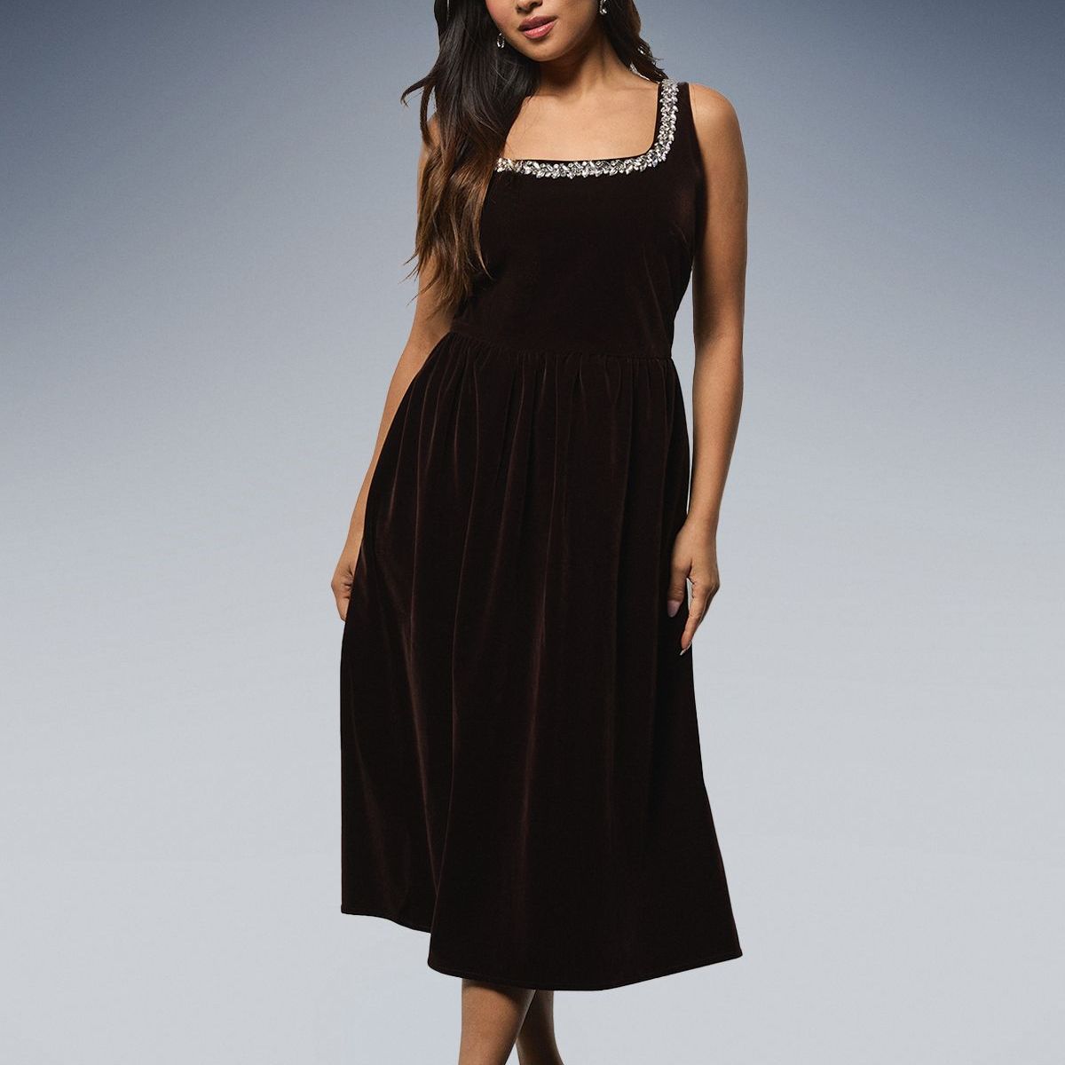 Petite Velvet Embellished Neckline Structured Midi Dress