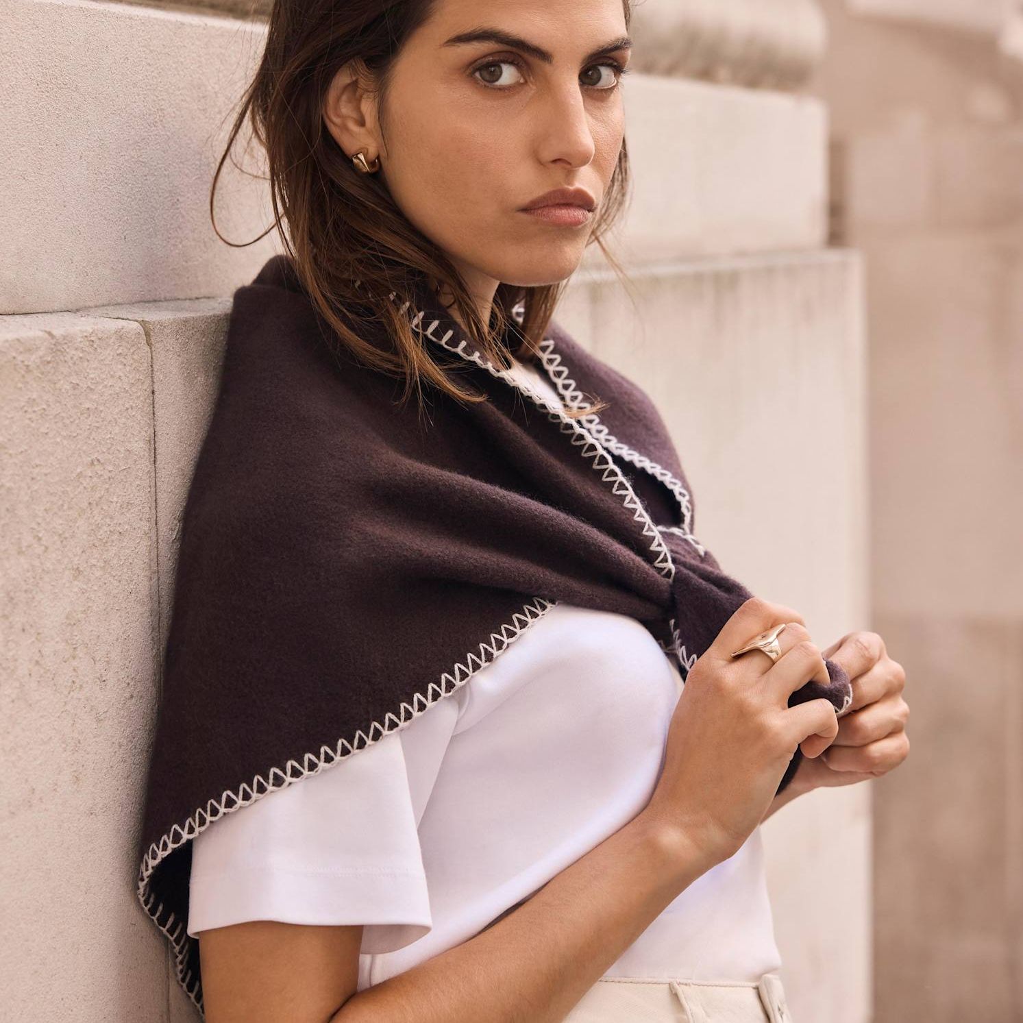 Brown Knit Blanket Stitch Scarf