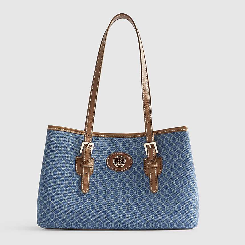 River Island, Blue Denim Monogram Print Shopper Bag