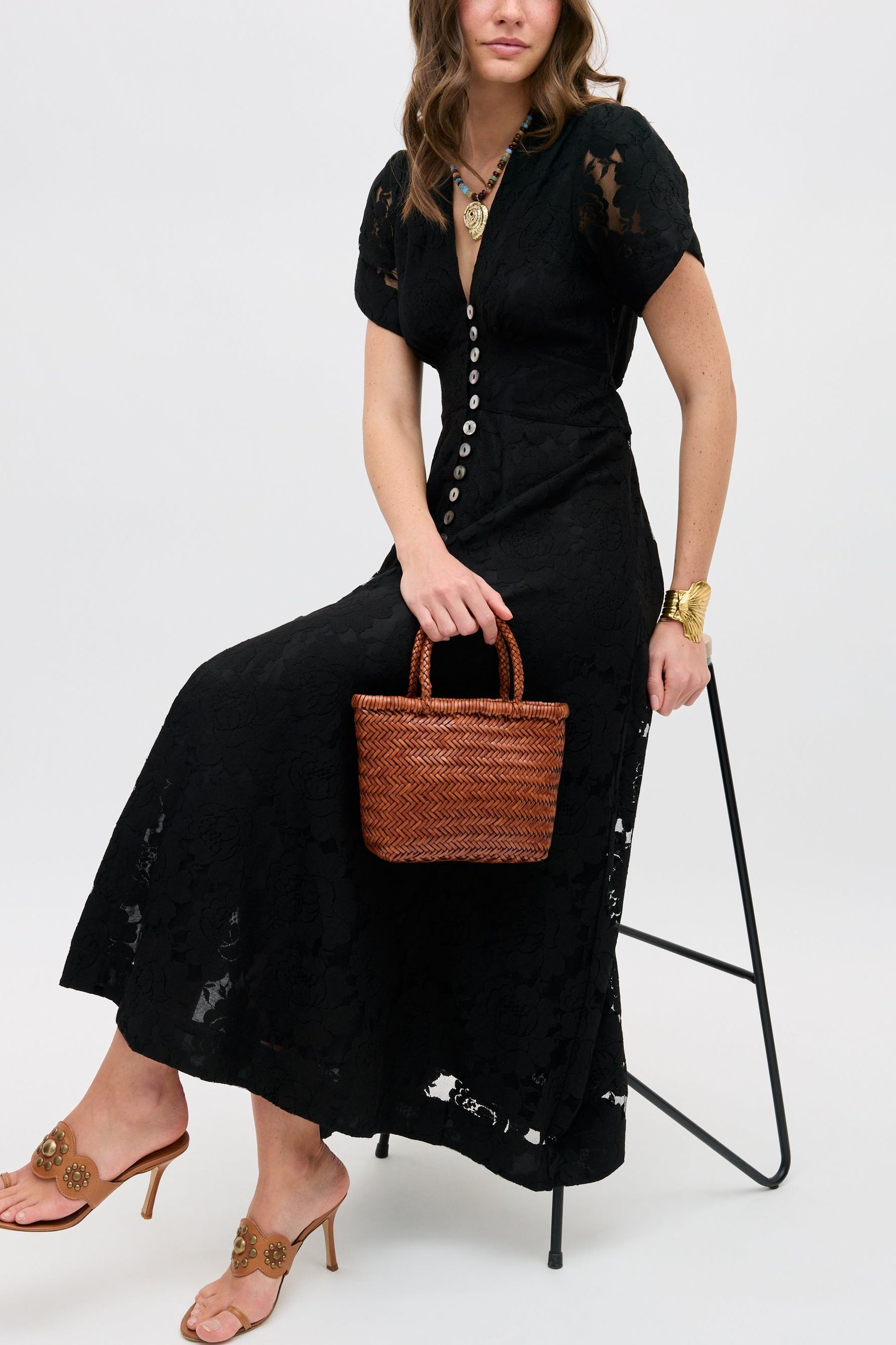 Novara Lace Midi Dress in Black