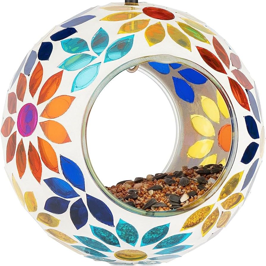 Backyard Expressions Hanging Glass Bird Feeder - Multicolor - Fly Through Bird Feeders for Outside, Mosaic Bird Feeder, Round Shape Wild Birdfeeder