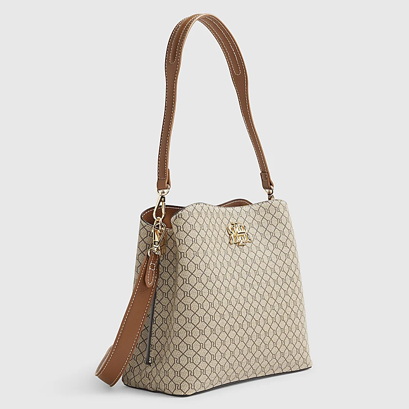 River Island, Beige Monogram Print Bucket Bag