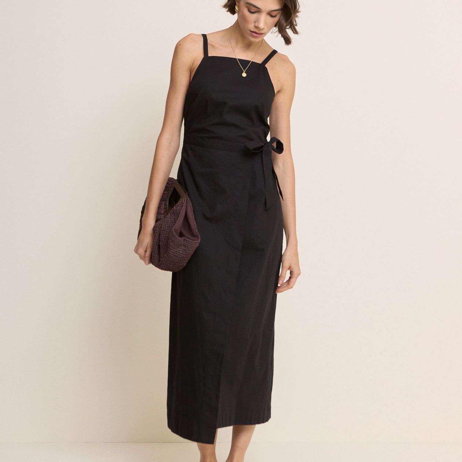 Black Square Neck Wrap Kourtney Midi Dress