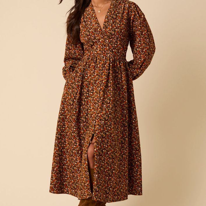 Black Ditsy Floral Long Sleeve Starlight Midi Dress