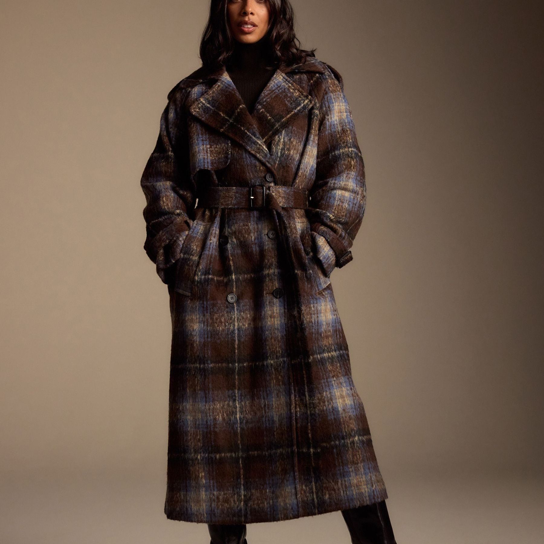 Chocolate Brown Check Trench Coat