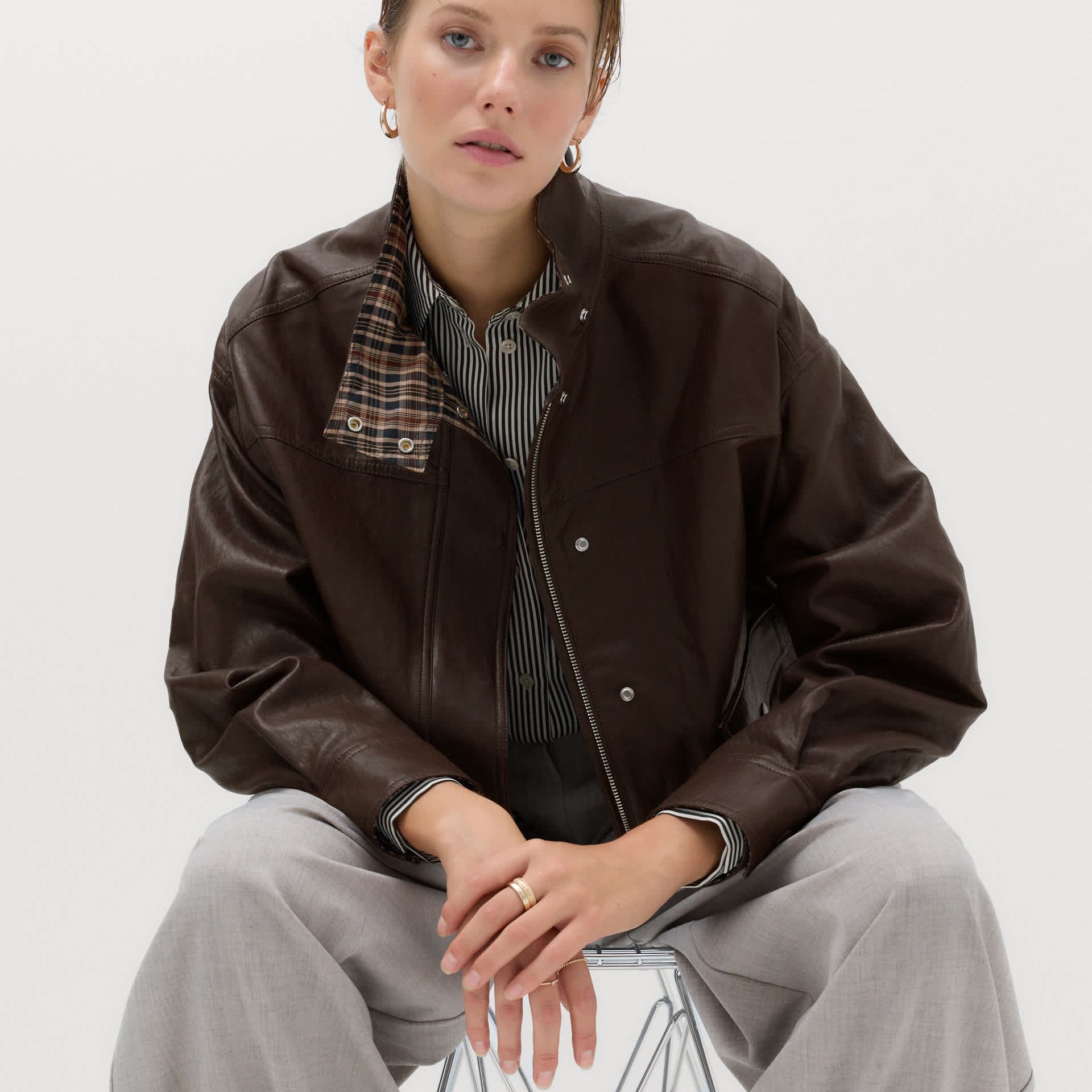 Faux Leather Checked Funnel Neck Bomber Jacket