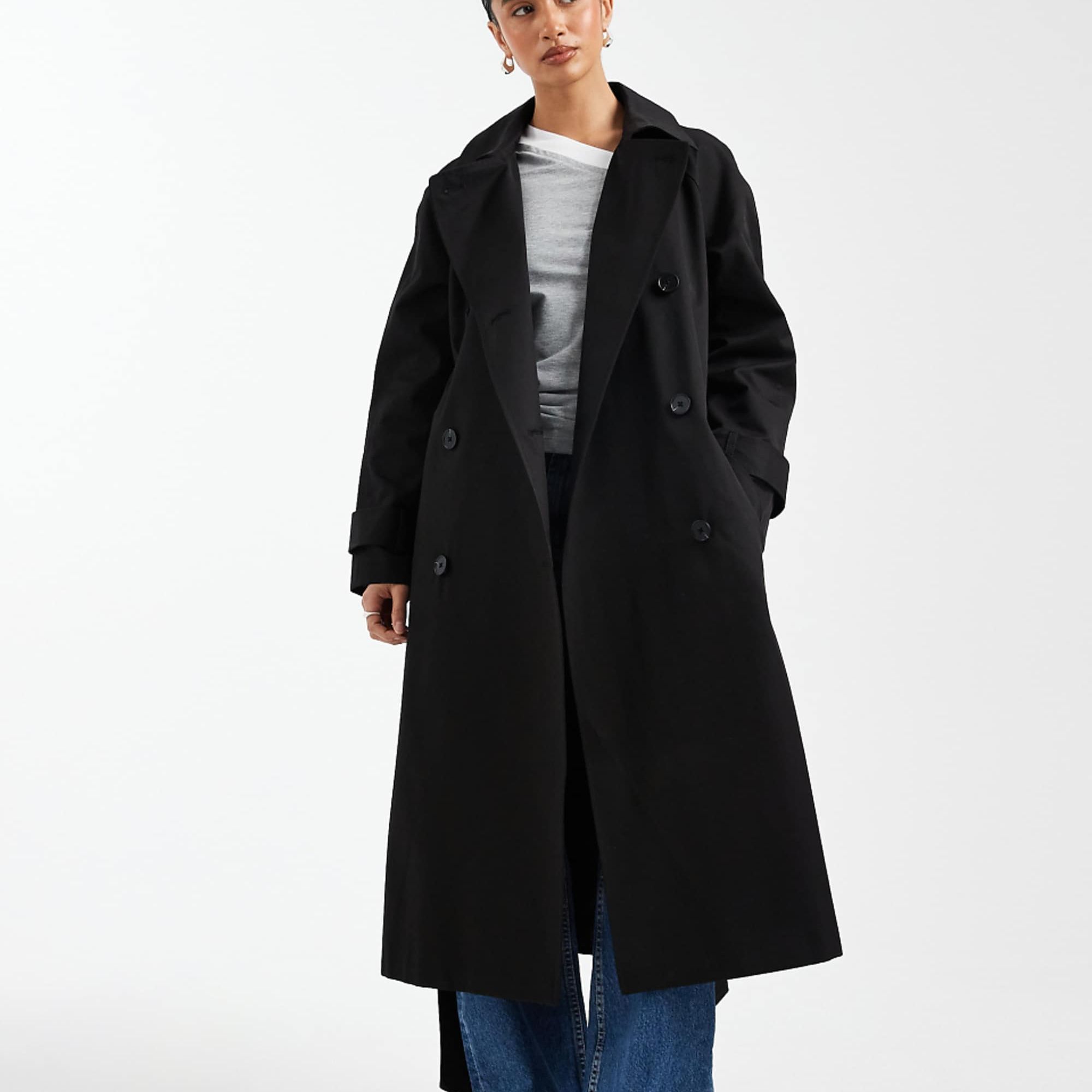 Asos Design Petite Longline Water Repellent Trench Coat in Black