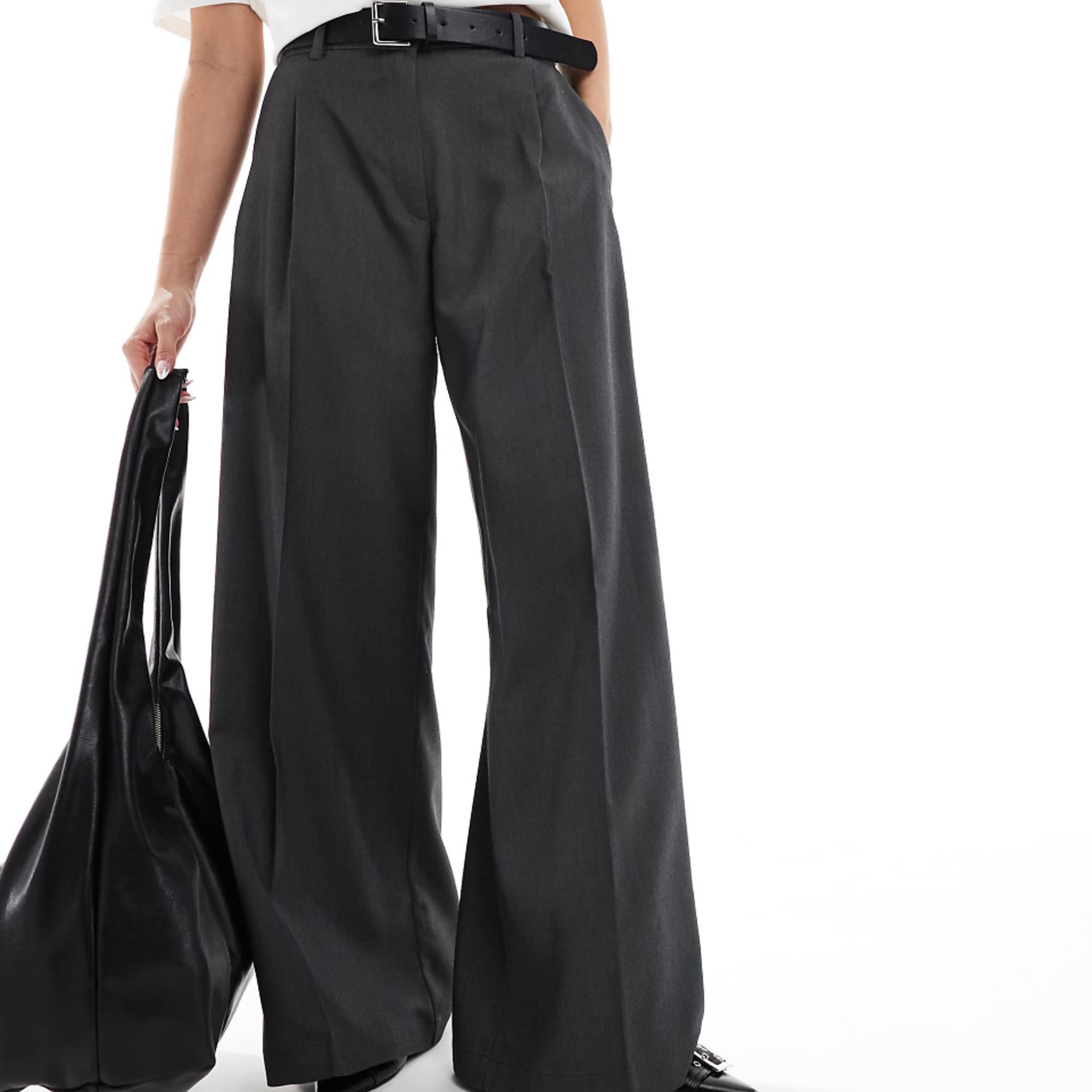 Monki High Waist Wide Leg Tailored Trousers in Dark Grey Melange