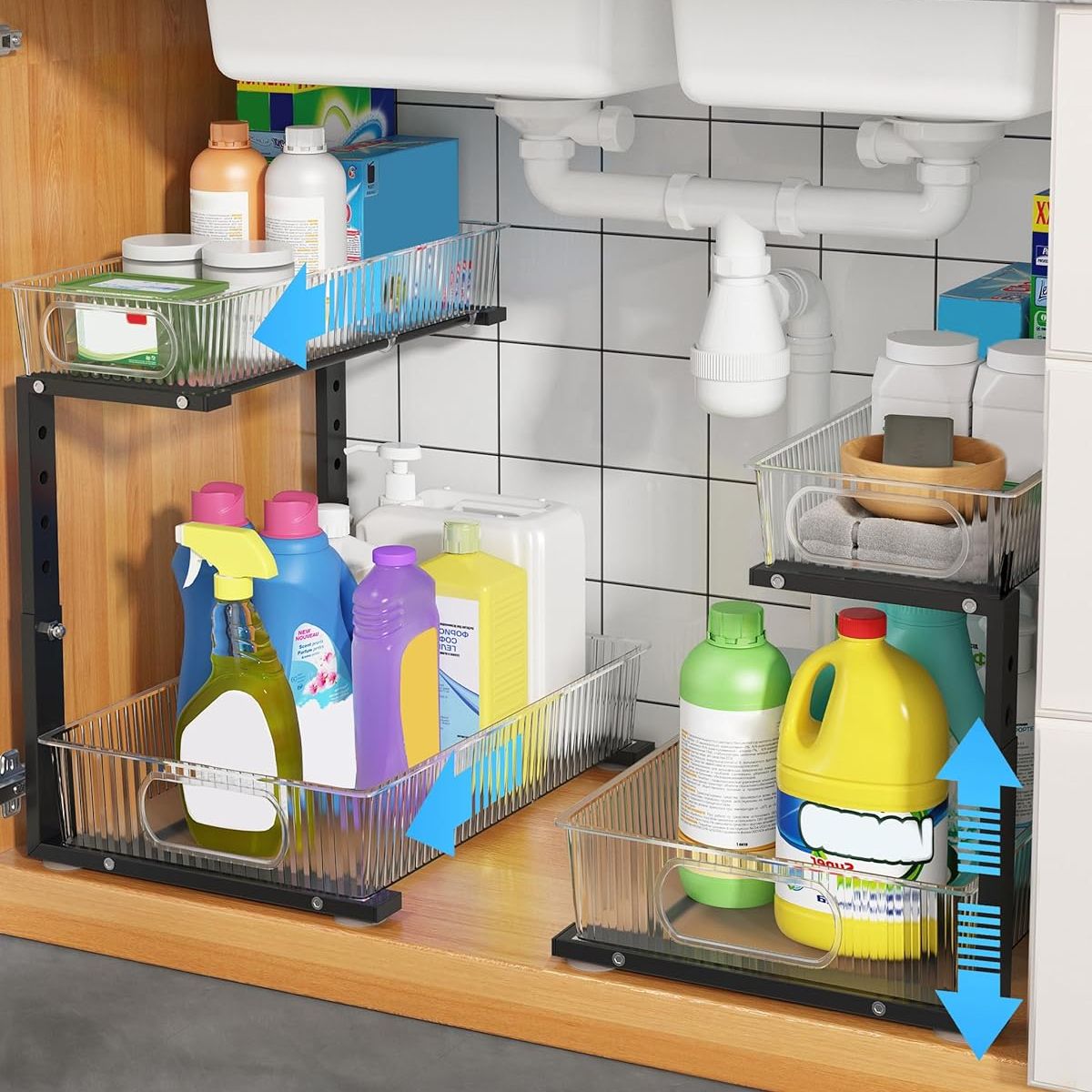 Umdonx 2 Pack Under Sink Storage Kitchen Cupboard Metal Organiser - 2 Tier Pull Out Sliding Shelf Bathroom Pantry Cabinet Tidy Rack (5 Height Adjustable Black)