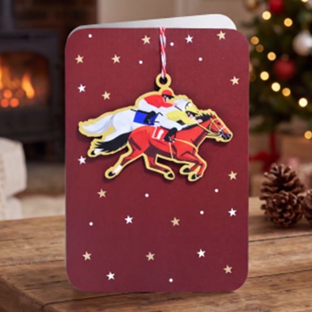 Injured Jockeys Fund Horse Racing Christmas Card with Horse &amp;amp; Jockey Tree Decoration