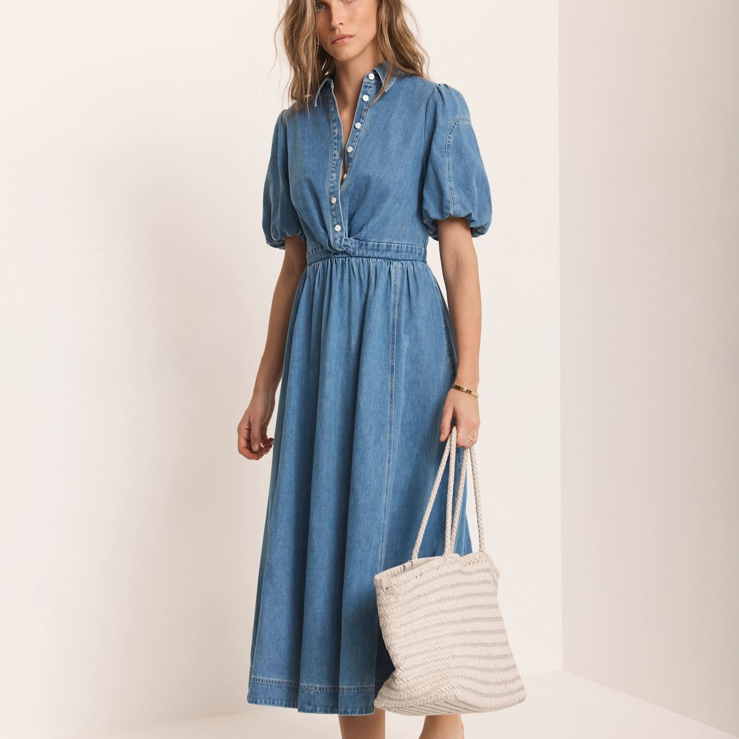 Mid Indigo Denim Twist Midi Dress
