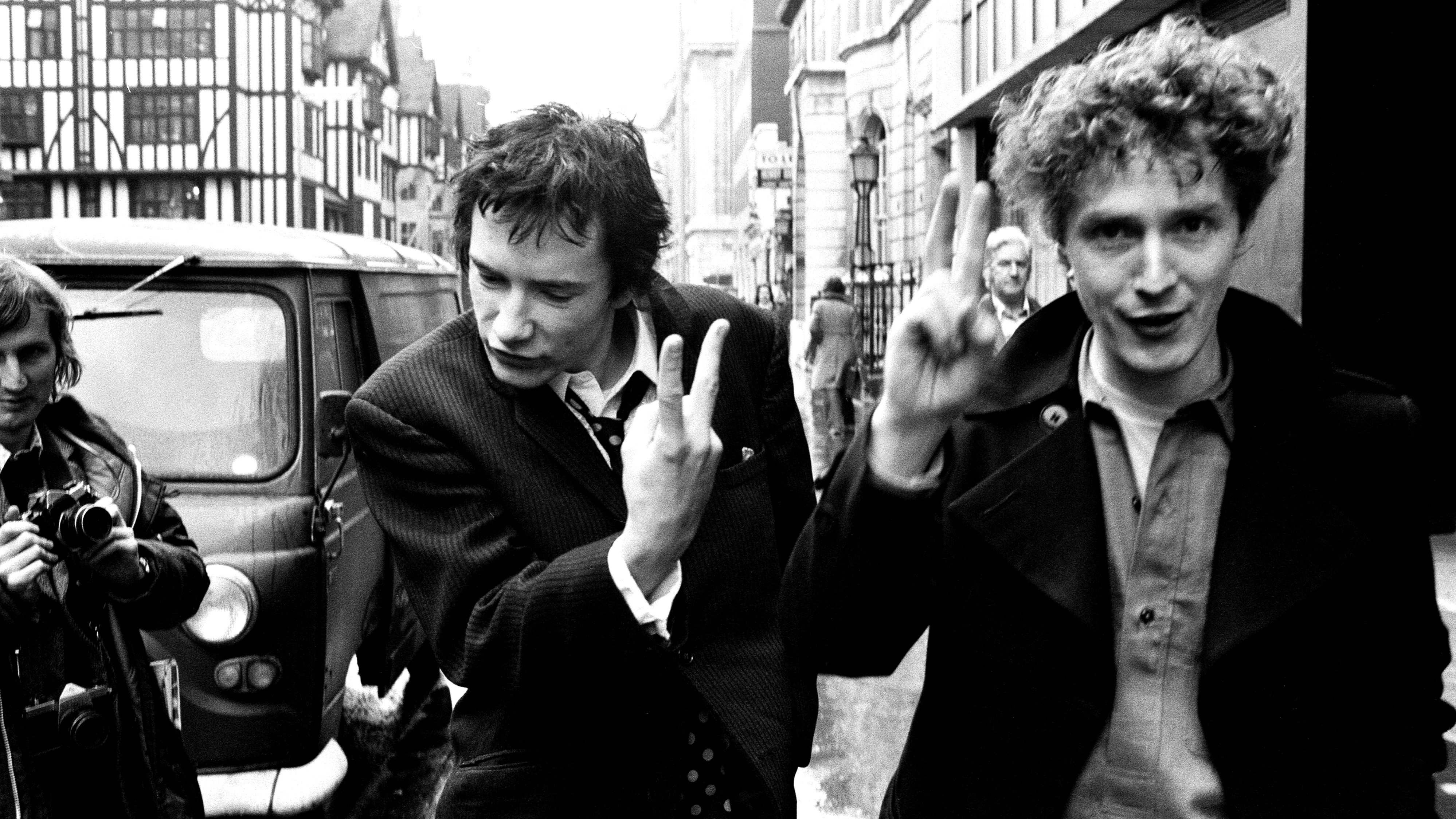 Sex Pistols singer Johnny Rotten leaving Malborough Street Court after being fined for possessing an illegal drug. 11th March 1977. (Photo by Daily Mirror/Mirrorpix/Mirrorpix via Getty Images)