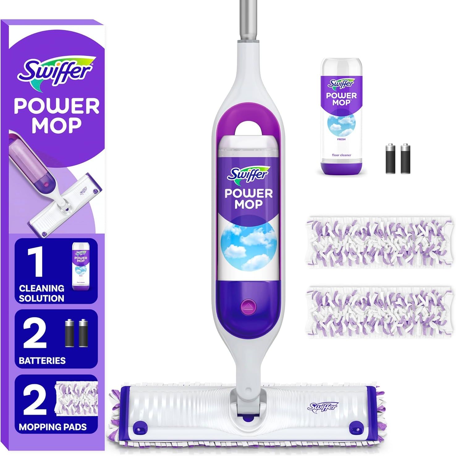 Swiffer Powermop Multi-Surface Mop Kit for Floor Cleaning, Includes Powermop, 2 Mopping Pad Refills, 1 Cleaning Solution With Fresh Scent and 2 Batteries