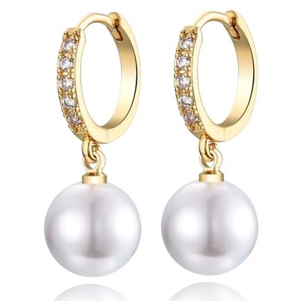 Dokia Sterling Silver Pearl Drop Hoop Earrings, Hypoallergenic Round Pearl Gold Hoop Earrings With Aaa+ Cubic Zirconias | Jewellery Gifts for Birthday, Wedding