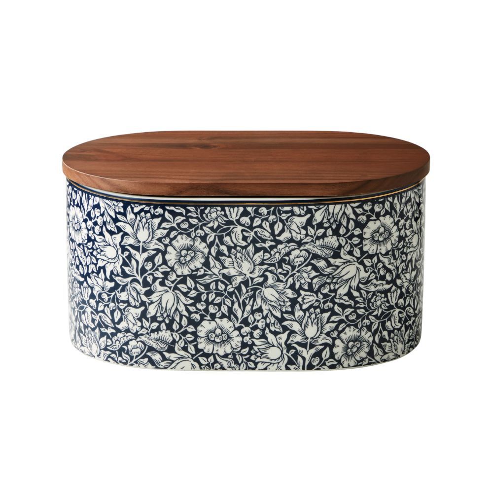 Bread box in blue and white William Morris print with acacia wood lid