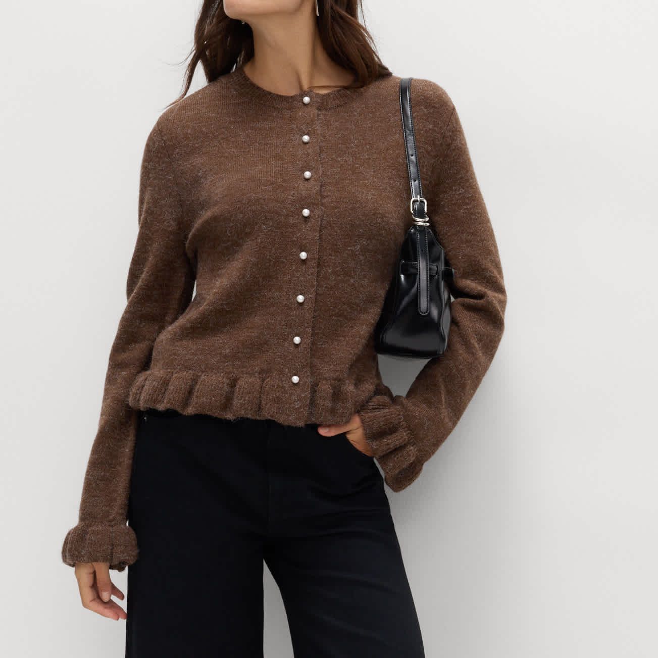 Textured Frill Detail Cardigan With Wool