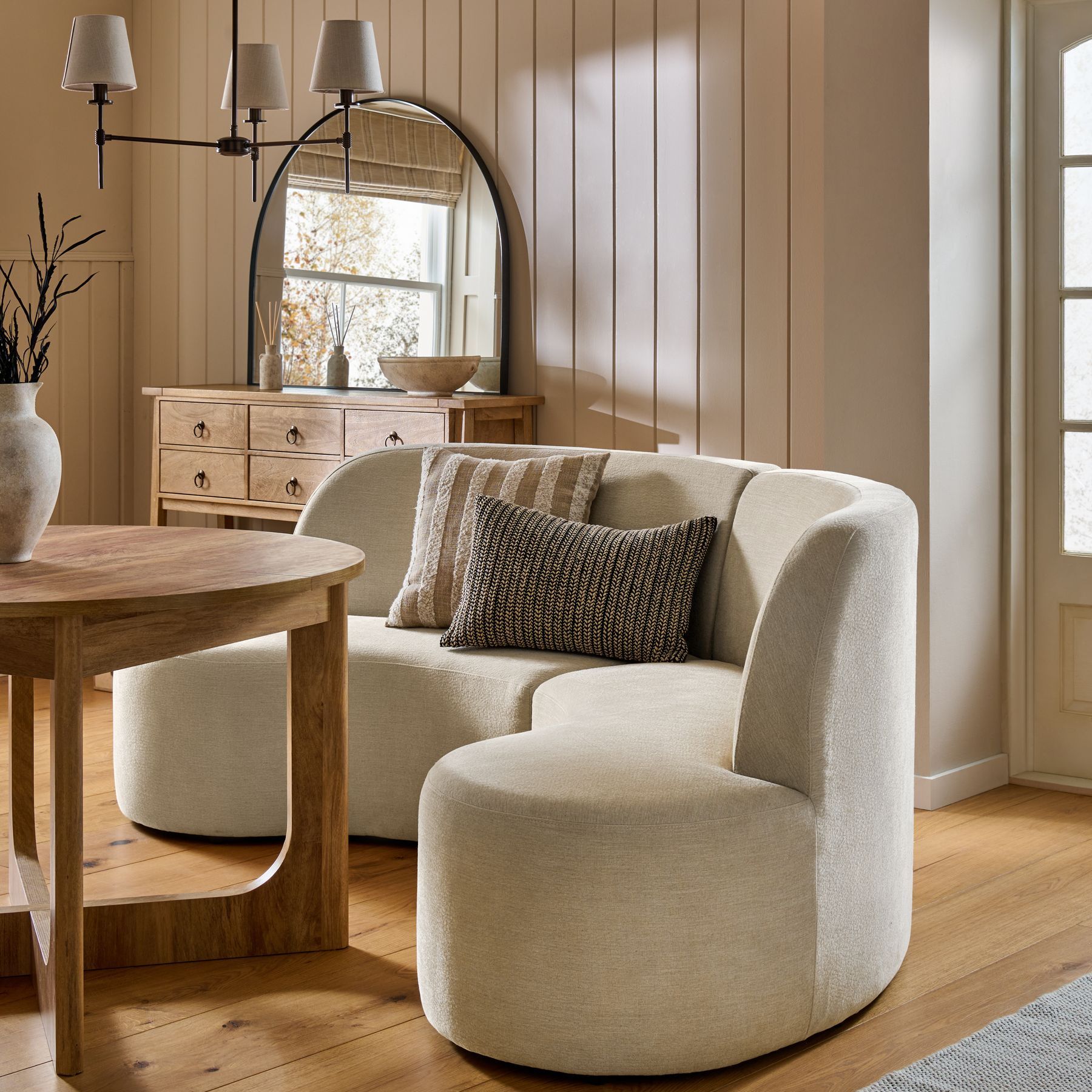 Relaxed Linen Look Pebble Bexley Curved Dining Bench