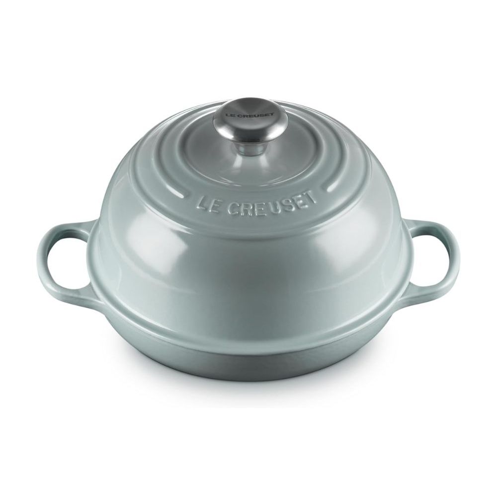 Gray-blue Le Creuset bread oven with silver knob