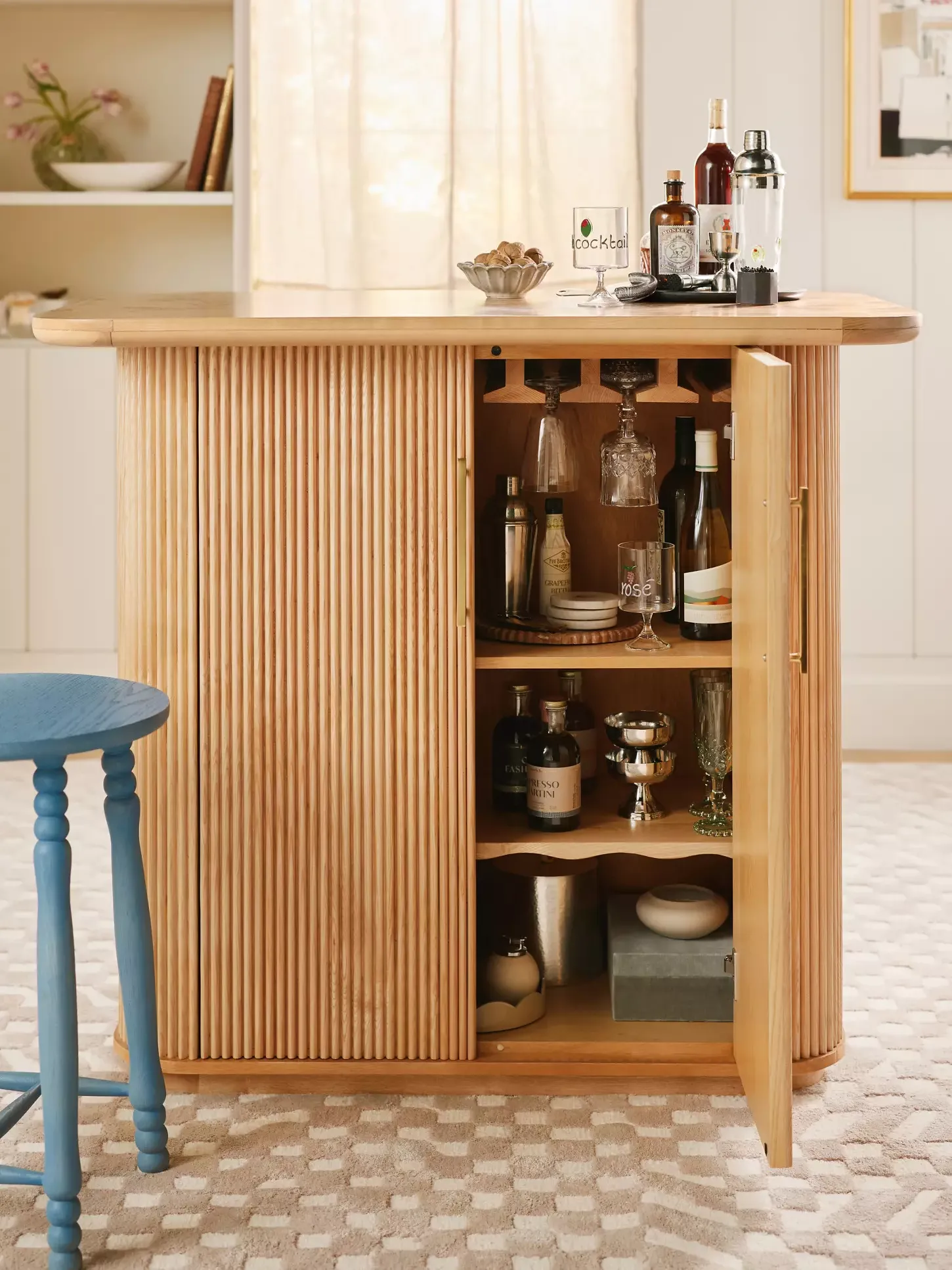 Anthropologie, Scout Tall Burl Wood Fluted Bar Cabinet