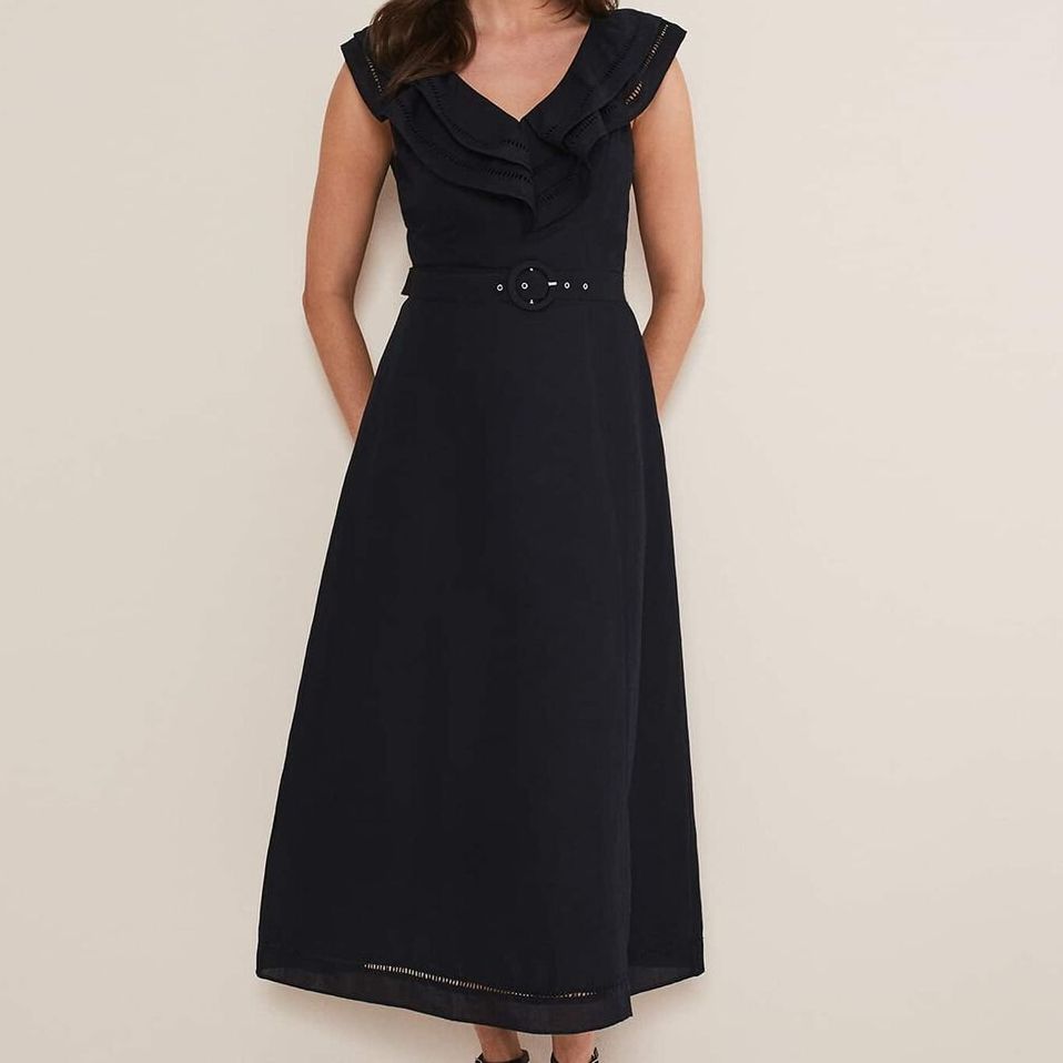 Julieta Black Linen Ruffle Broderie Midi Dress