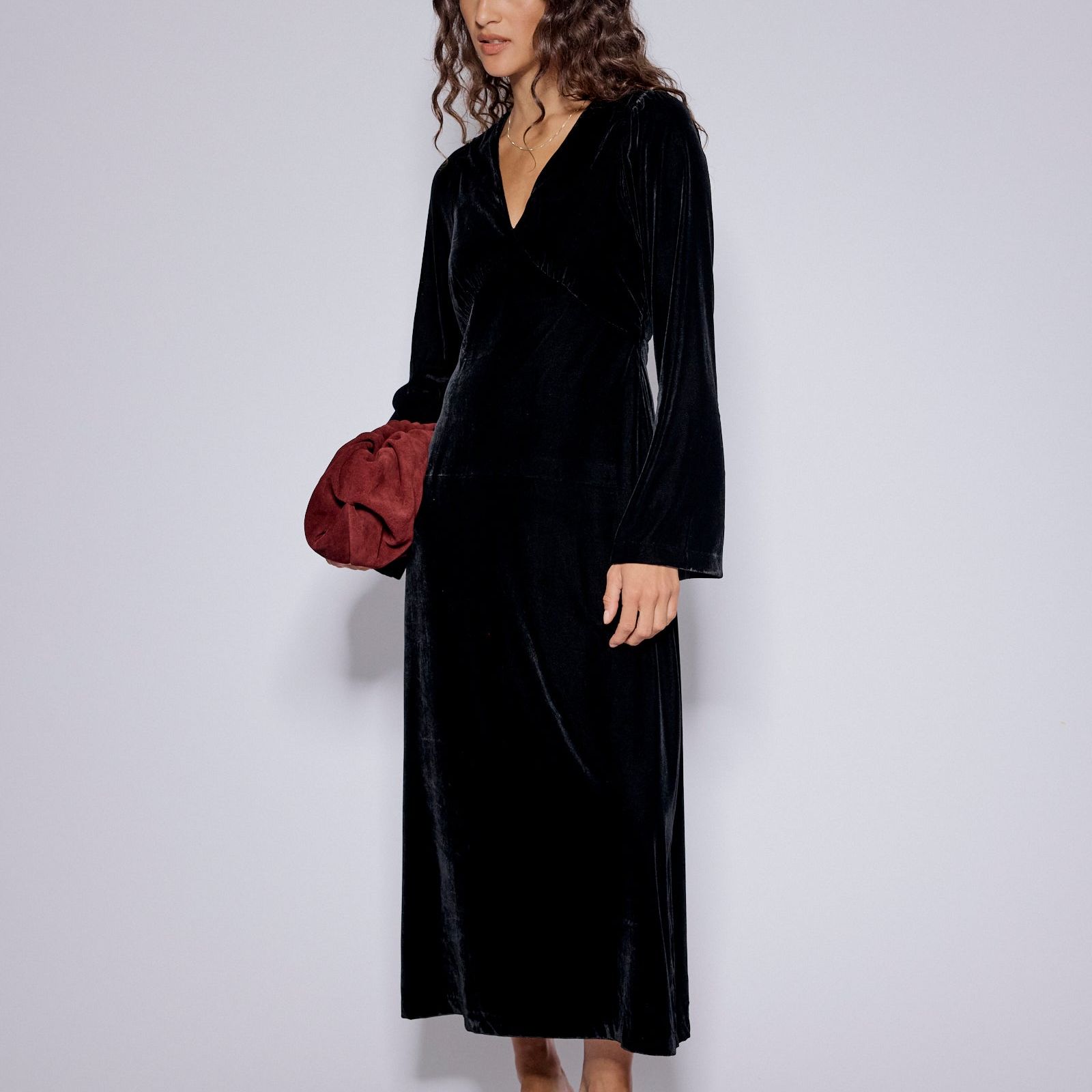 Black Velvet Long Sleeve Josie Midi Dress