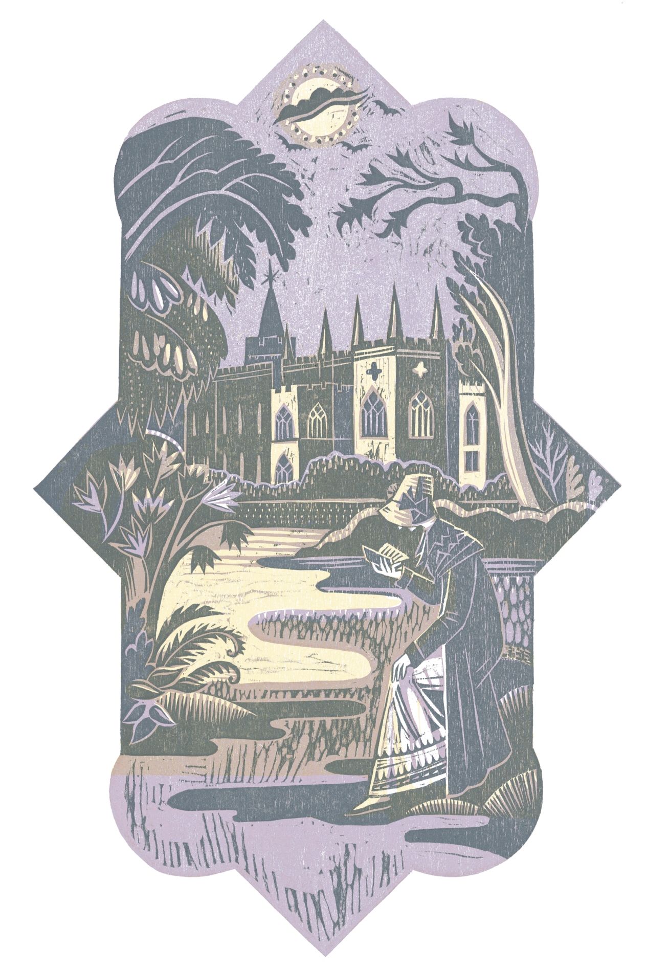 Illustrations from Jane Austen novels of a woman and a house