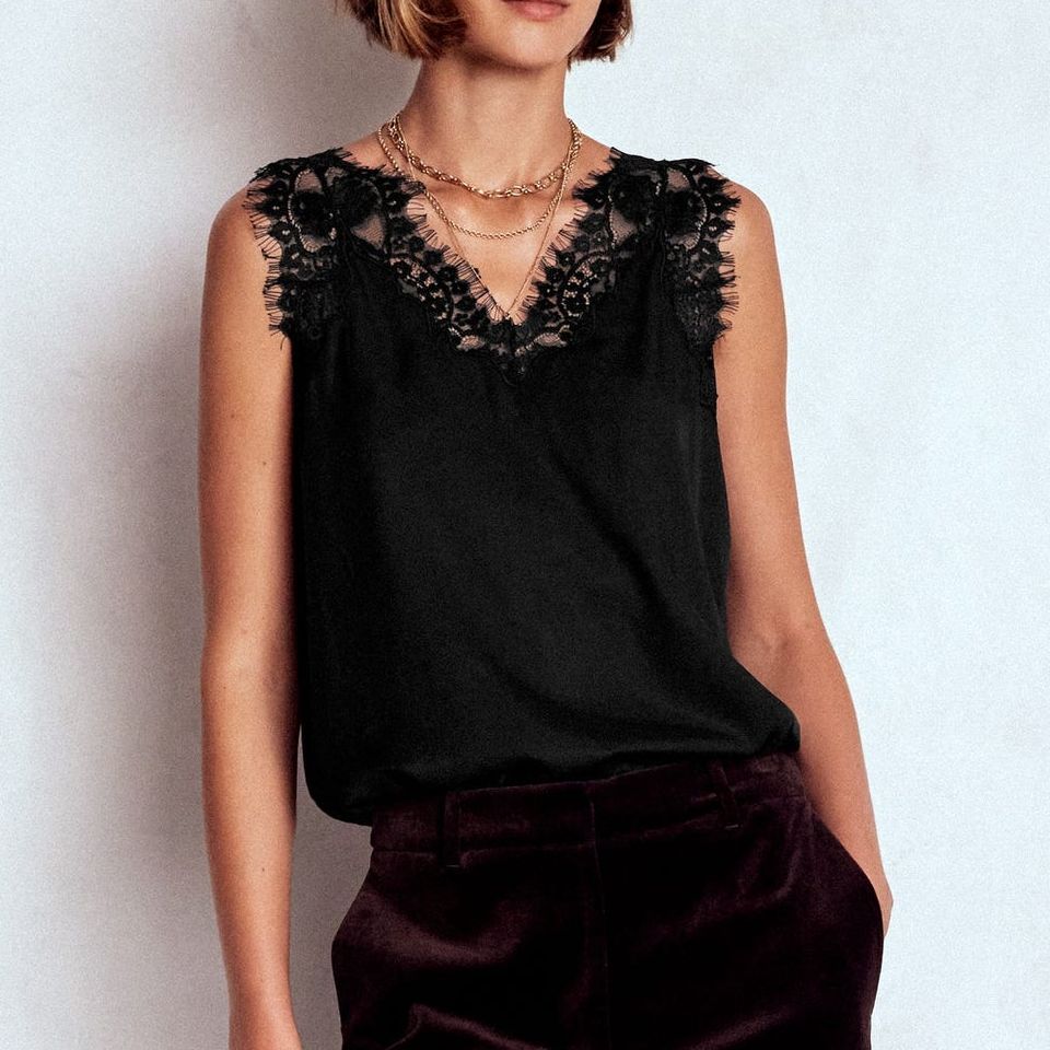 Silk-Blend Lace Trim Cami Top-Black