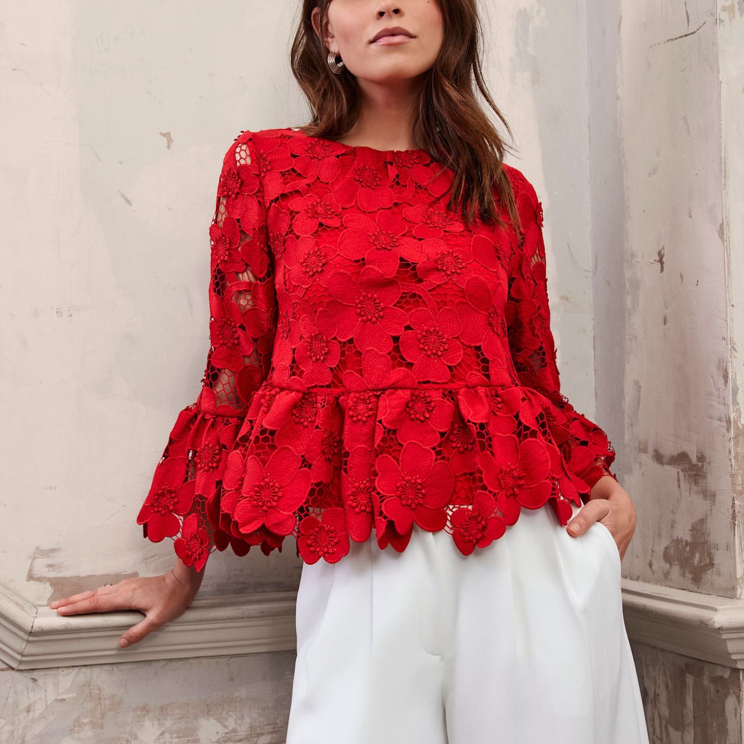 Red Floral Lace Applique Top
