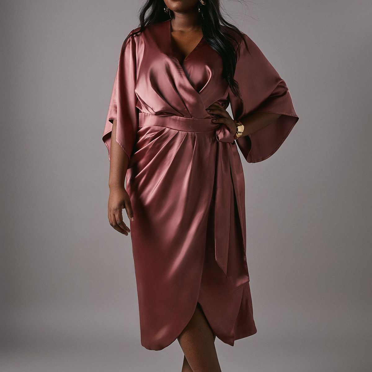 Plus Satin Pleat Front Midi Wrap Dress