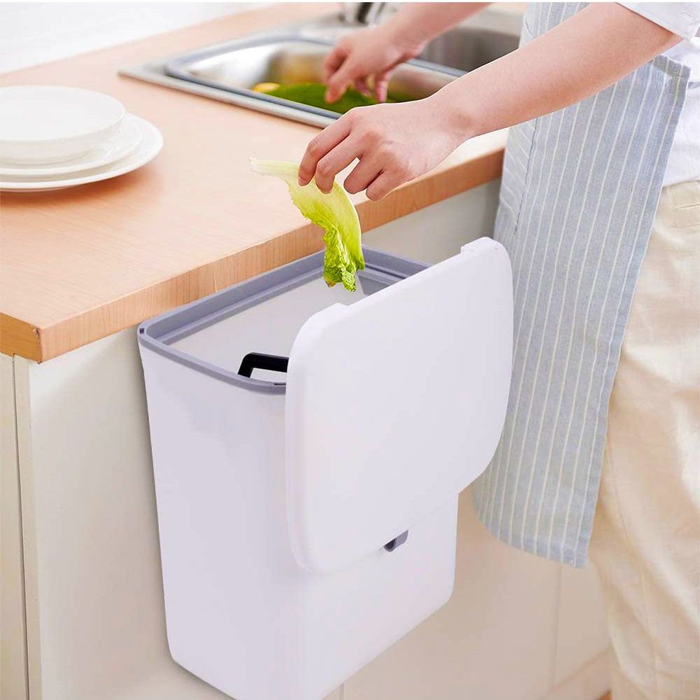 9l Hanging Waste Bin Wall Mounted Trash Can With Lid &amp;amp; Pressure Ring Kitchen