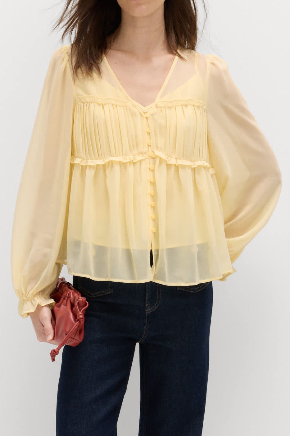 V-Neck Ruffle Detail Long Sleeve Blouse