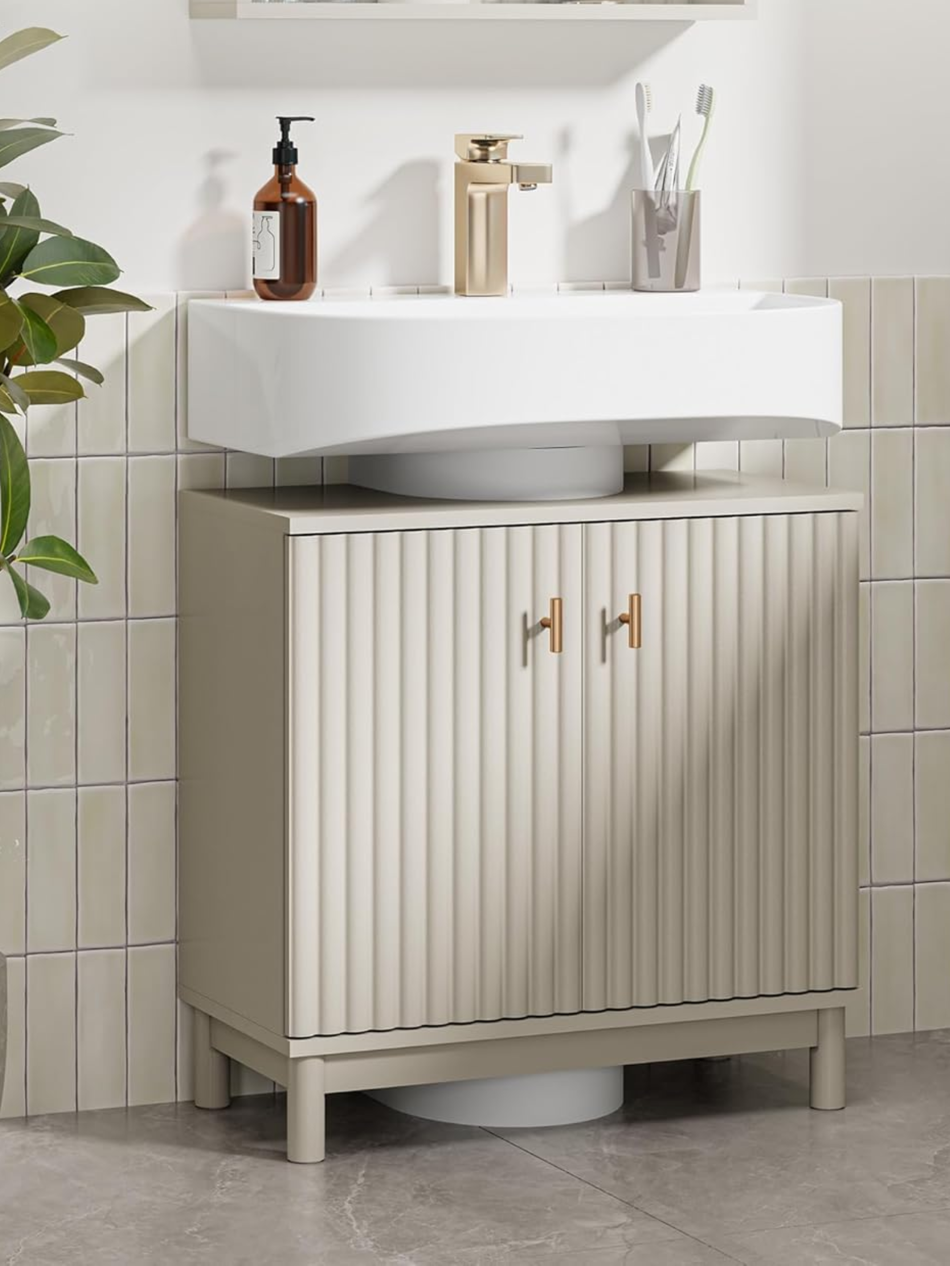 Vonhaus Under Sink Bathroom Cabinet - Stone Under Sink Storage Unit With Fluted Textured Doors - Freestanding Bathroom Basin Cabinet With 2 Internal Shelves &amp;amp; Gold Handles - Victoria
