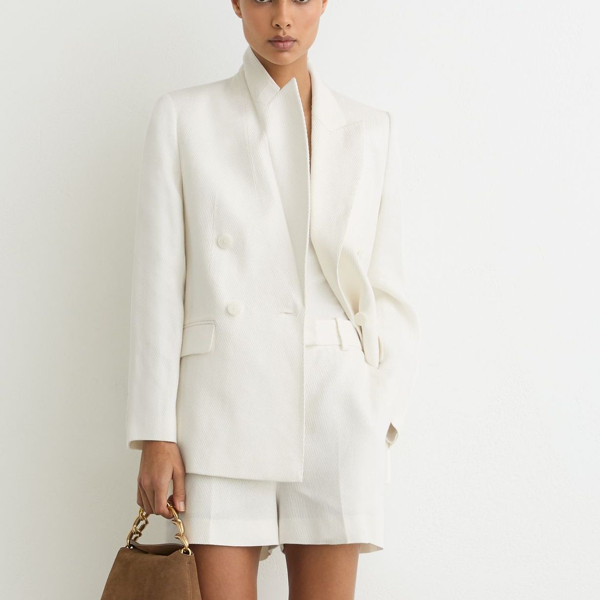 Linen-Blend Double-Breasted Suit Jacket in White - Size 4