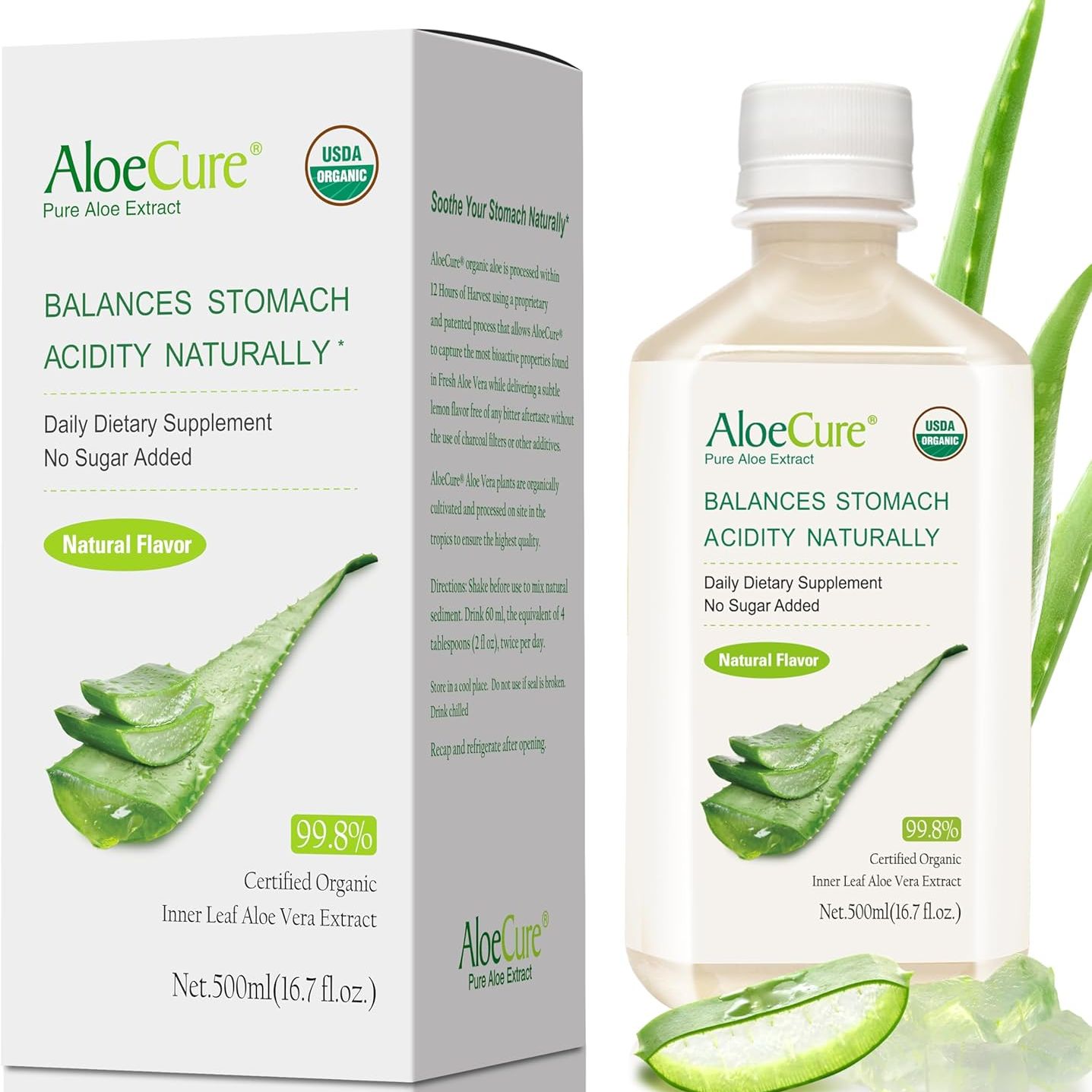 Aloecure Usda Organic Aloe Vera Juice Made Within 12 Hrs of Harvest - Pure Aloe Juice Natural Digestive Supplement to Support Digestion, Immune System and Balanced Stomach Acidity, 500ml Bottle