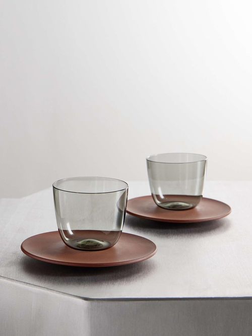 + Meissen Set of Two Glass and Stoneware Espresso Cups and Saucers