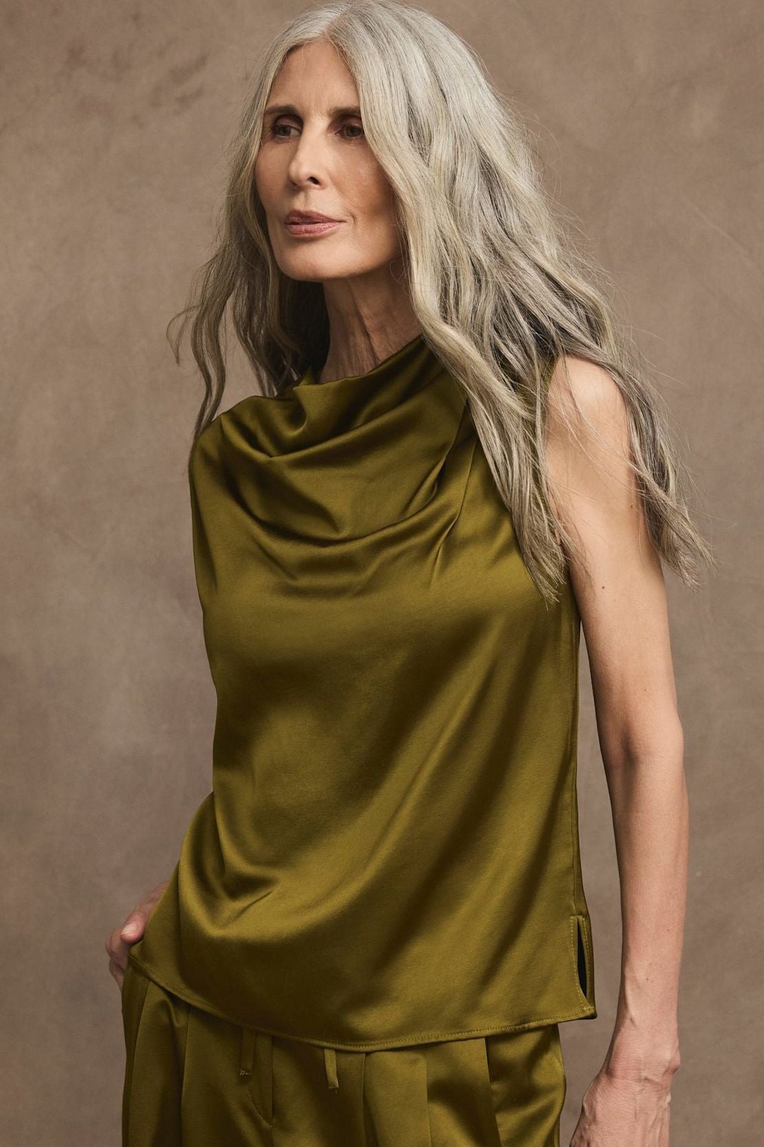 Olive Green Satin Cowl Neck Top