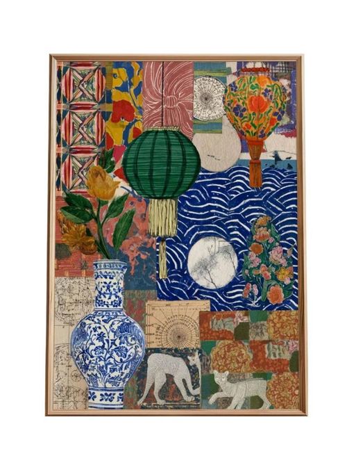 Colorful Collage A2 Art Print, Mediterranean Poster with Lanterns & Vase 