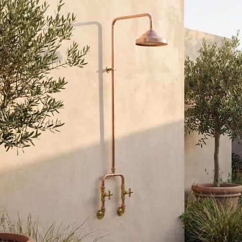 Outdoor Copper Shower Fixture, Unlacquered Copper Shower System, Copper Rainfall Shower Hot and Cold, Rustic Outdoor Rain Shower
