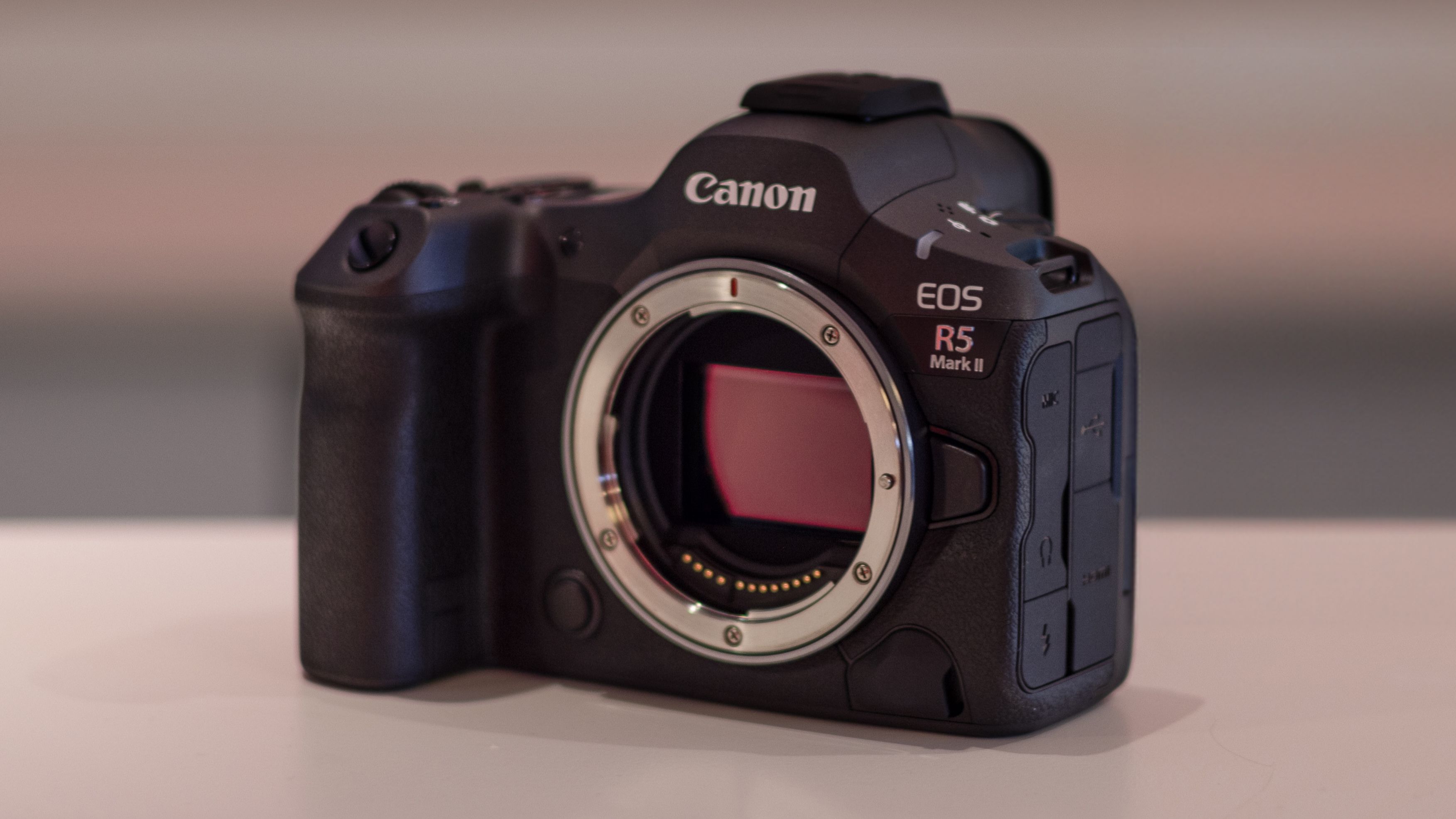 Canon EOS R5 Mark II at an angle, with the image sensor exposed, on a grey-red surface with a textured background
