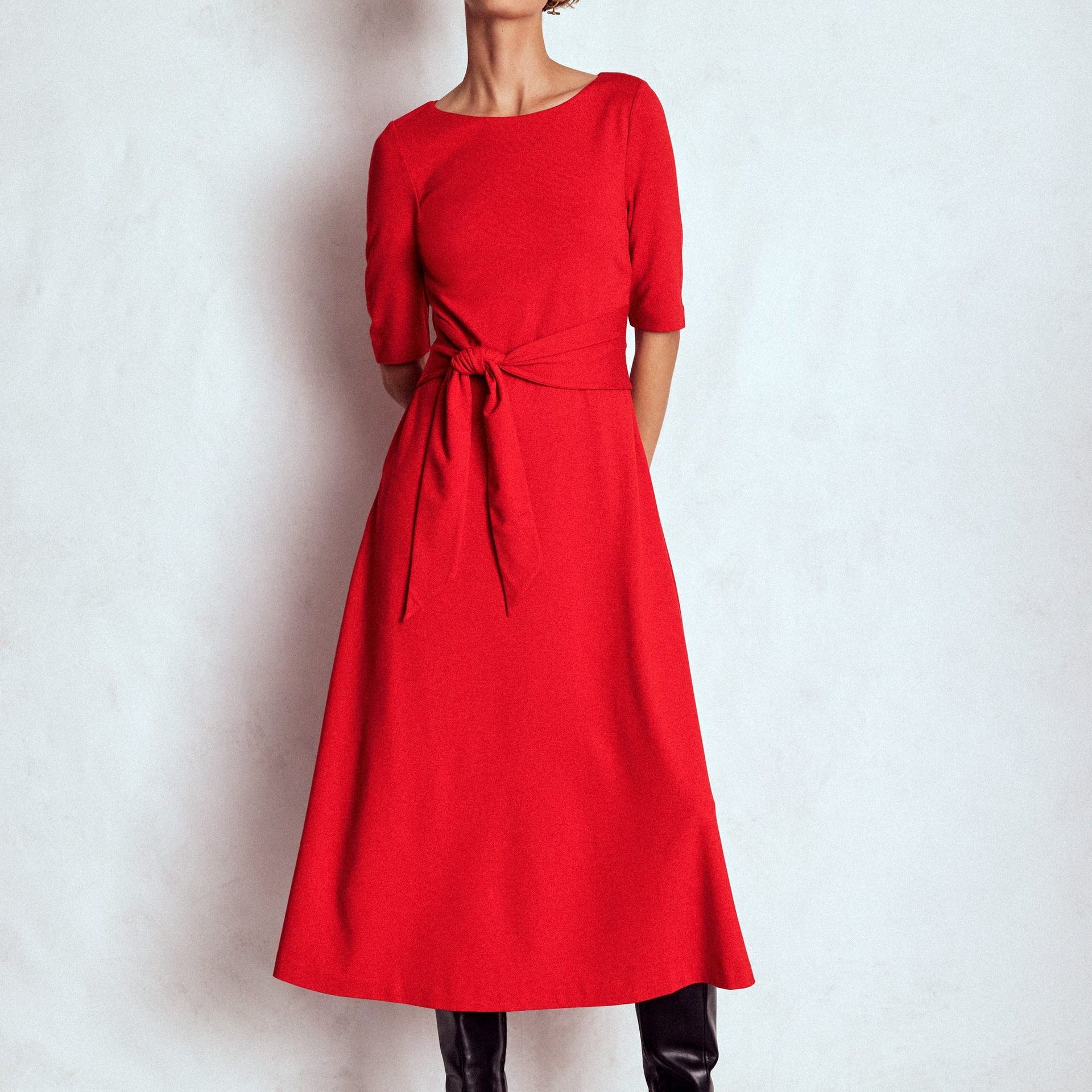 Mathilde Tie Waist Ponte Dress-Spicy Red