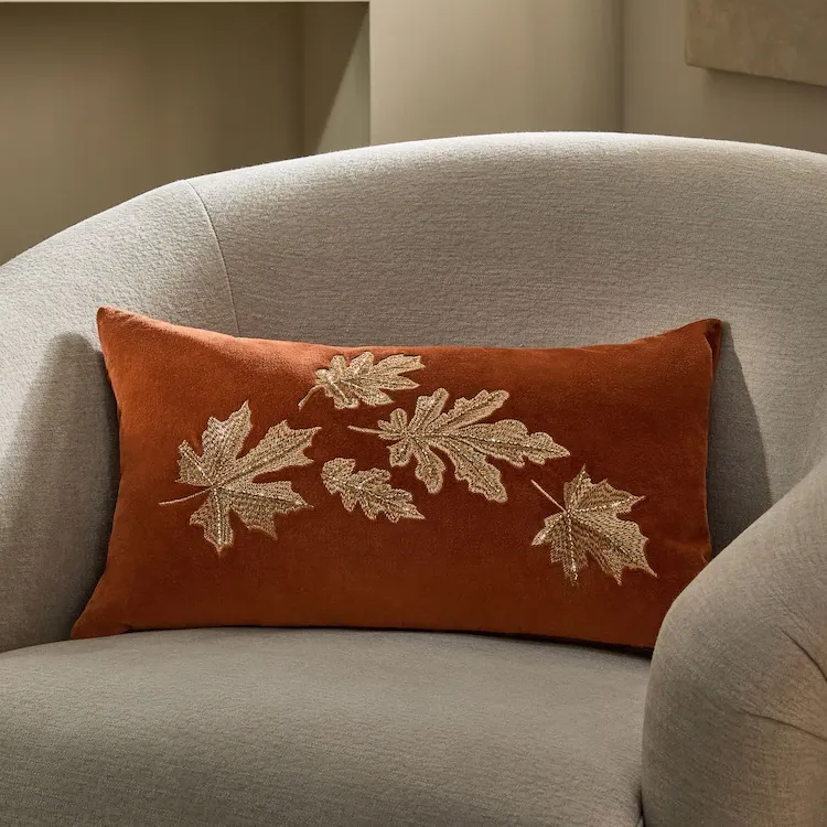 Next, Orange 30 X 50 Embellished Velvet Leaf Cushion