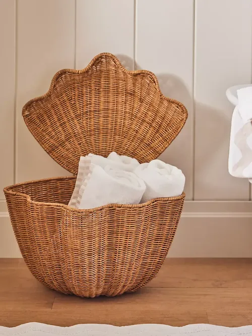 Shell Wicker Woven Basket With Hinged Lid