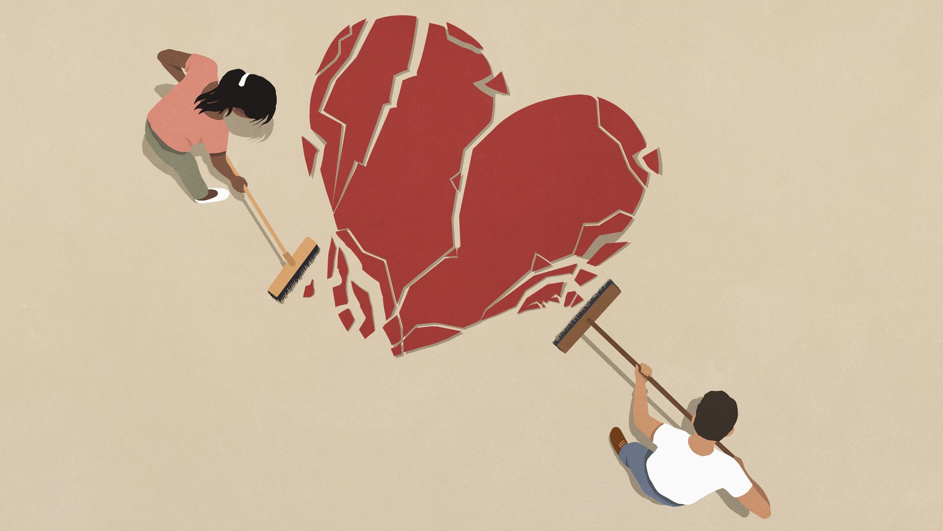 Couple with brooms sweeping up broken heart on beige background
