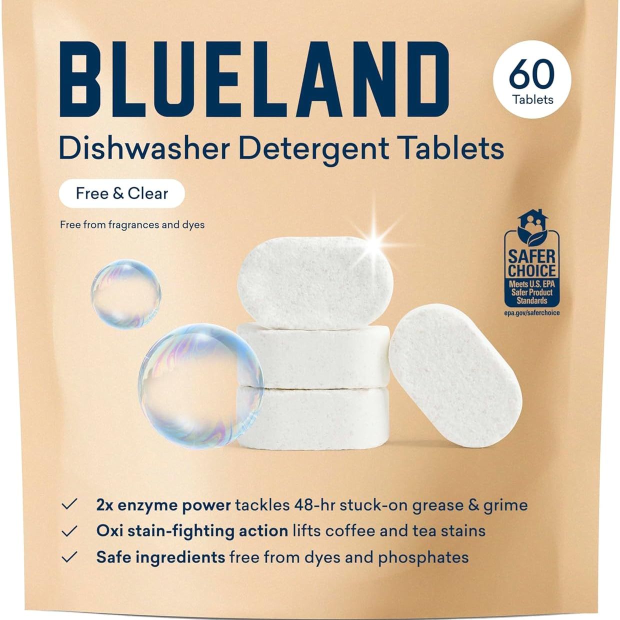 Blueland 100% Plastic-Free Dishwasher Detergent Tablets, 60 Count, Free &amp;amp; Clear, Eco-Friendly Dishwashing Pods, Natural, Usda Certified Biobased