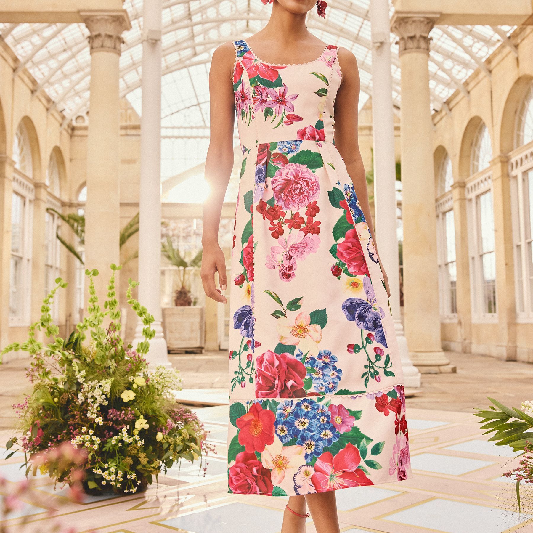 Love &amp;amp; Roses X Rhs Ivory Floral Structured Scoop Neck Midi Dress