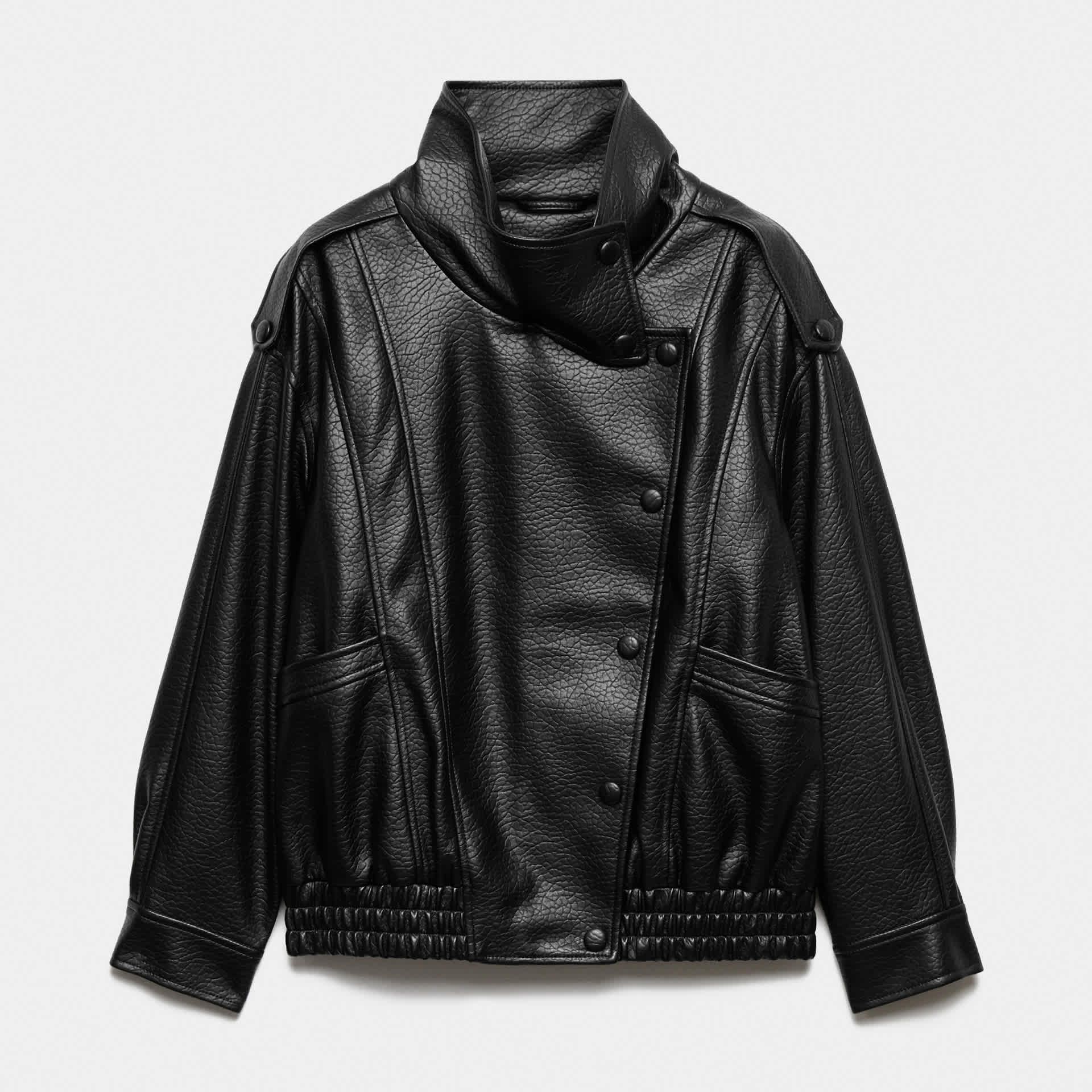 Faux Leather Funnel Neck Bomber Jacket