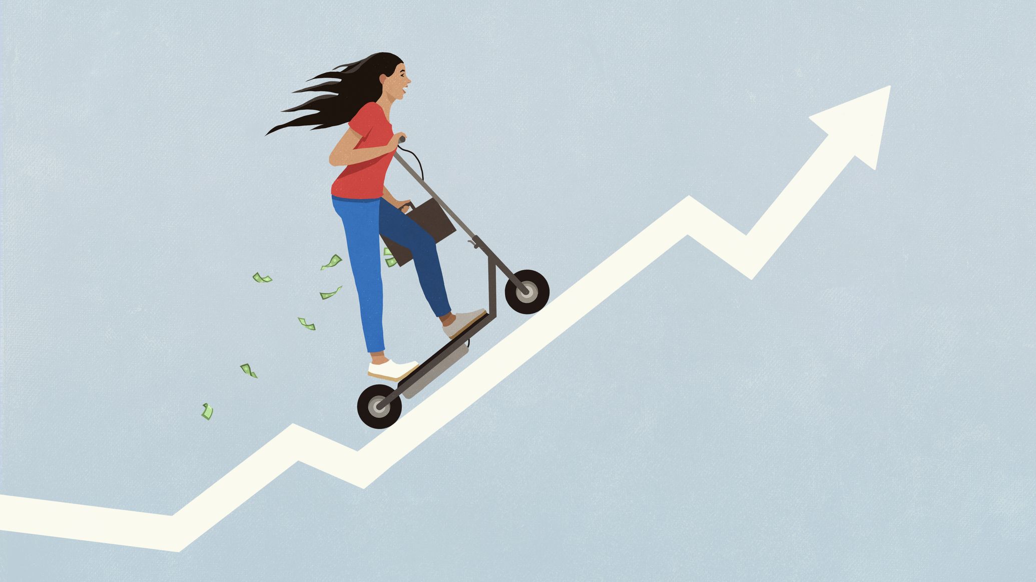 a woman riding a scooter up a graph