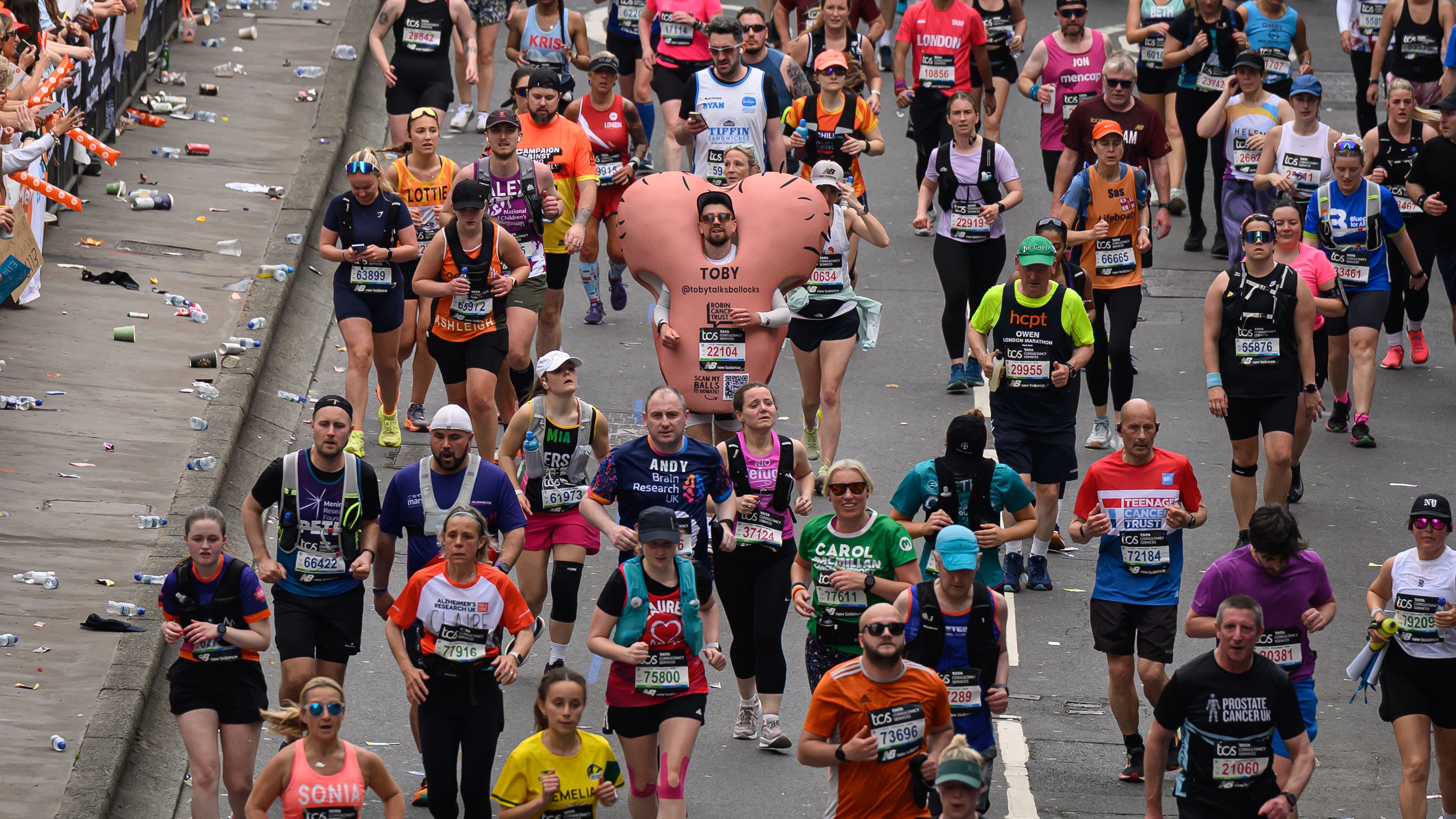 A man wearing a testicle costume takes part in the TCS London Marathon 2025 April 27, 2025 in London, England. The London Marathon was founded by athletes Chris Brasher and John Disley in 1981 and runs over a flat course set around the River Thames, starting in Blackheath and finishing at The Mall.