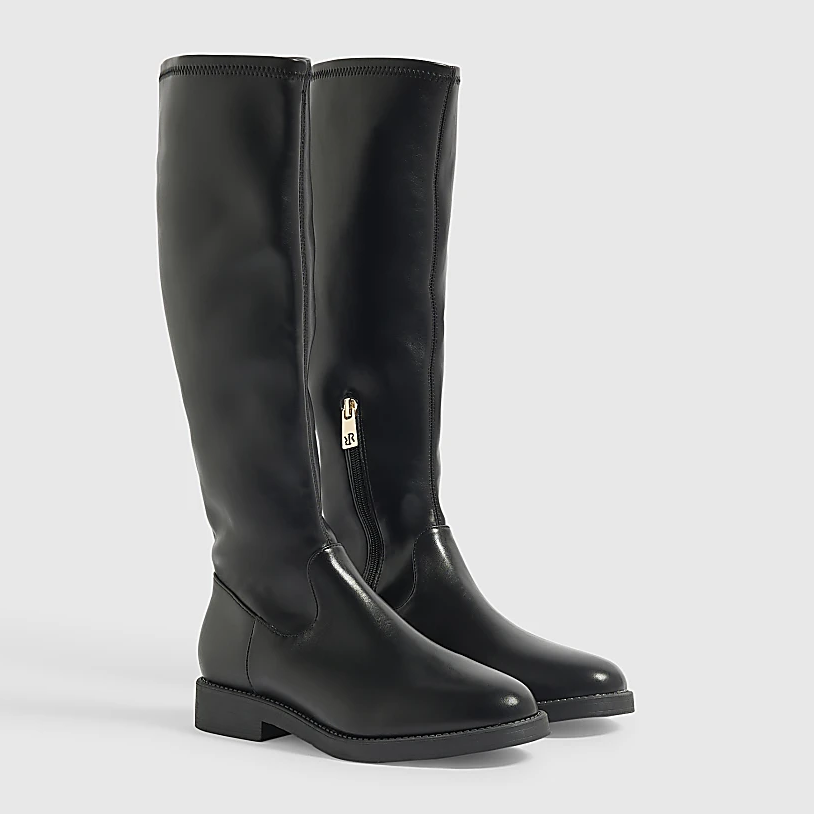River Island, Black Faux Leather Knee High Boots